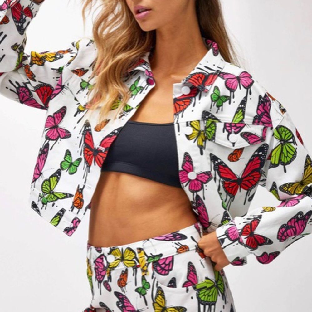 Jaded London White Butterfly Print Denim Jacket